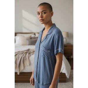 Eberjey Blue Short Sleeve Pajama Top Medium Classic Button Down Sleepshirt